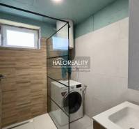 Bathroom in a 4-room apartment with a sink, shower, and washing machine, floor with wood decor.