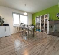 Dining room in a family house with a wood-patterned floor and a green wall.