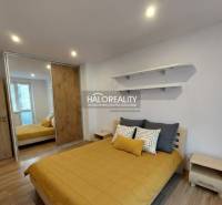 Bedroom in a 2-room apartment with wood-patterned flooring and a built-in wardrobe.