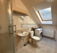 A bathroom in a studio apartment with a washing machine, a sloped ceiling, and a shower corner.