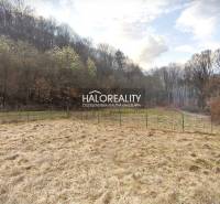 Recreational plots in Ladomerská Vieska with a fenced grassy area surrounded by forest.