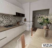 A kitchen in a 2-room apartment with tiles and wooden decor.