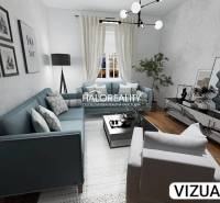 Living room in a two-room apartment with a wooden decor floor and stylish furniture.