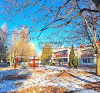 A children's playground in the winter environment of Petržalka, surrounded by trees and apartment buildings.