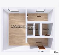 Floor plan of a 2-room apartment with wood-patterned flooring and a kitchen connected to the living room.