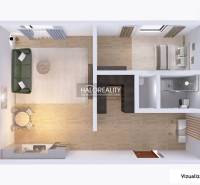 Visualization of a 2-room apartment with a kitchen, living room, and wooden decor flooring.