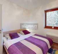 A bedroom in a 3-room apartment with colorful bedding and a large window.