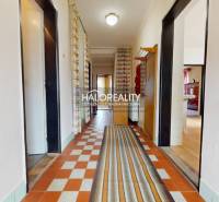 A hallway in a family house with a carpet and colorful patterned curtains.