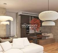 Living room with wood-patterned flooring in a 3-room apartment, modern lighting.