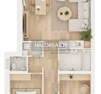 3-room apartment layout with wood-patterned flooring and a balcony.