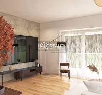 Living room with wood-patterned flooring and large windows in a 3-room apartment.