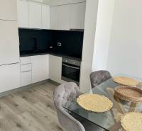 Recreational apartment with a kitchen, glass table, and wooden decor flooring.