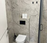 A bathroom in a holiday apartment with a toilet and a shower, surrounded by marble tiles.