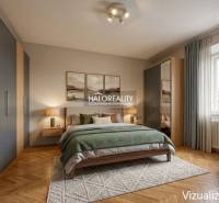 Bedroom with a bed, wardrobe, and wooden decor flooring in a family house.