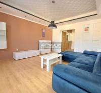 Living room in a 3-room apartment with a wooden decor floor and a blue sofa.
