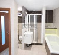 A bathroom with a bathtub and a shower in a 3-room apartment.