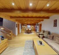 A living room in a cottage with a wooden decor ceiling, comfortable seating, and wooden stairs.