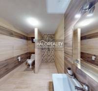 A bathroom in a cabin with a wooden decor floor and a shower corner.