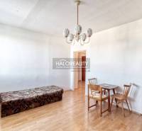 Living area in a two-room apartment with wood-patterned flooring, a sofa set, and a dining table.