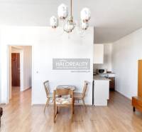 Dining table with chairs in a 2-room apartment, floor with wooden decor, white interior.