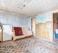 A room in a family house with a sofa, refrigerator, and stove, decorative patterned walls and floor.
