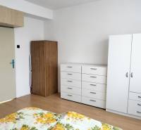 White wardrobe and dresser with wood decor in a 2-room apartment.