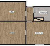 Floor plan of a 2-room apartment with a bathroom and kitchen, wooden decor flooring.