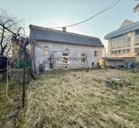 A garden and an unmaintained family house in Rimavská Sobota with surrounding trees.