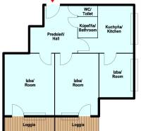 Layout of a 3-room apartment with a hallway, bathroom, toilet, kitchen, and loggias.