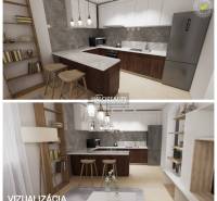 Visualization of a kitchen with a wooden counter and shelves in a two-room apartment.