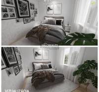A bedroom in a two-room apartment with a bed, lots of pictures, and greenery.