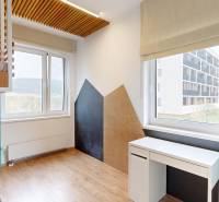Children's room with a bunk bed, a desk, and a floor with a wooden decor.