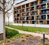 Apartment building on Hany Ponická Street in Bratislava - Lamač with well-maintained green surroundings.