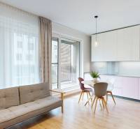Living room with a kitchen and a wooden decor floor in a 4-room apartment.