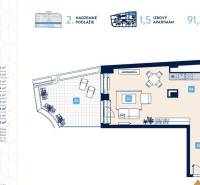Floor plan of a 1.5-room apartment with a terrace of 19.80 m² and a total area of 91.32 m².