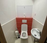 A small toilet with a sink in a 3-room apartment, equipped with white and red tiles.