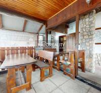 Wooden interior of a gastro space with stone, benches, and tables for guests.