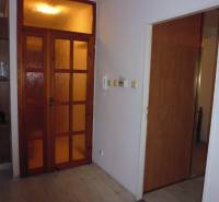 A hallway with a wooden decor floor and glass doors in a 2-room apartment.