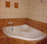 A rounded bathtub and tiles in the bathroom of a 2-room apartment with brown elements.