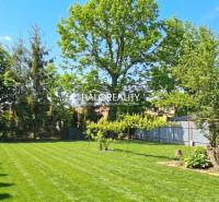 The garden of a family house in Lučenec with a lawn surrounded by trees and plants.