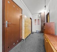 Entrance hall in a 3-room apartment with carpet and wooden furniture.