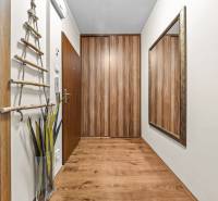 A hallway in a 3-room apartment with a wooden decor floor, a large mirror, and decoration.