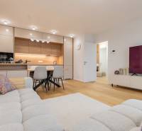 Living room in a two-room apartment with a kitchen, sofa, and television.