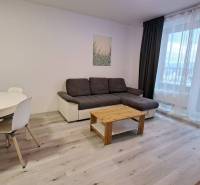 Living room with a sofa, coffee table, dining table, and wooden decor flooring.