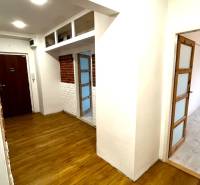 A hallway in a 3-room apartment with a wooden decor floor and brick details.