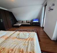 A bedroom in a 3-room apartment with a wooden decor floor, a sofa, and a television.