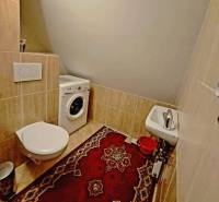 Bathroom in a 3-room apartment with a washing machine and carpet decor on the floor.