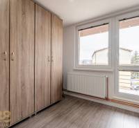 A wardrobe with a wooden decor and large windows in a 4-room apartment.