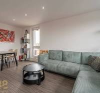 A stylish living area in a 4-room apartment with a wooden decor floor.