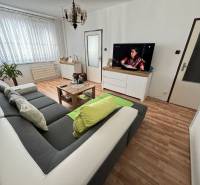 Living room in a 3-room apartment with wood-patterned flooring, large sofa, television.